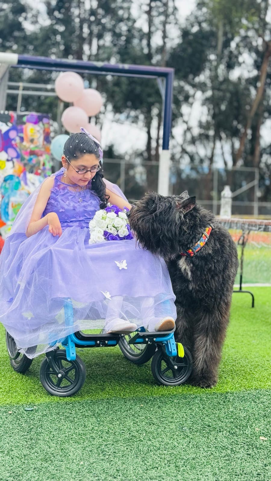 Niña beneficiaria de HSD en silla de ruedas con vestido morado, acompañada de un perro, en Atletismo Sin Límites